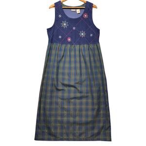 Vintage Blue Plaid Snowflake Christmas Holiday Sleeveless Maxi Dress Women Large